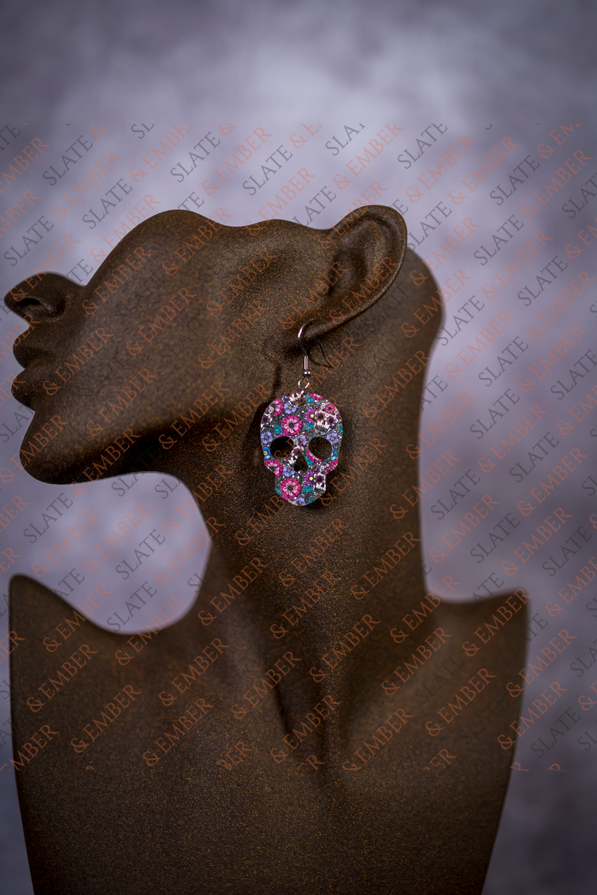 Midnight Glitter Floral Sugar Skull Acrylic Earrings