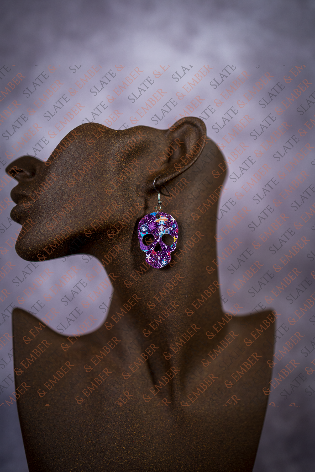 Purple Glitter Fiesta Sugar Skull Acrylic Earrings