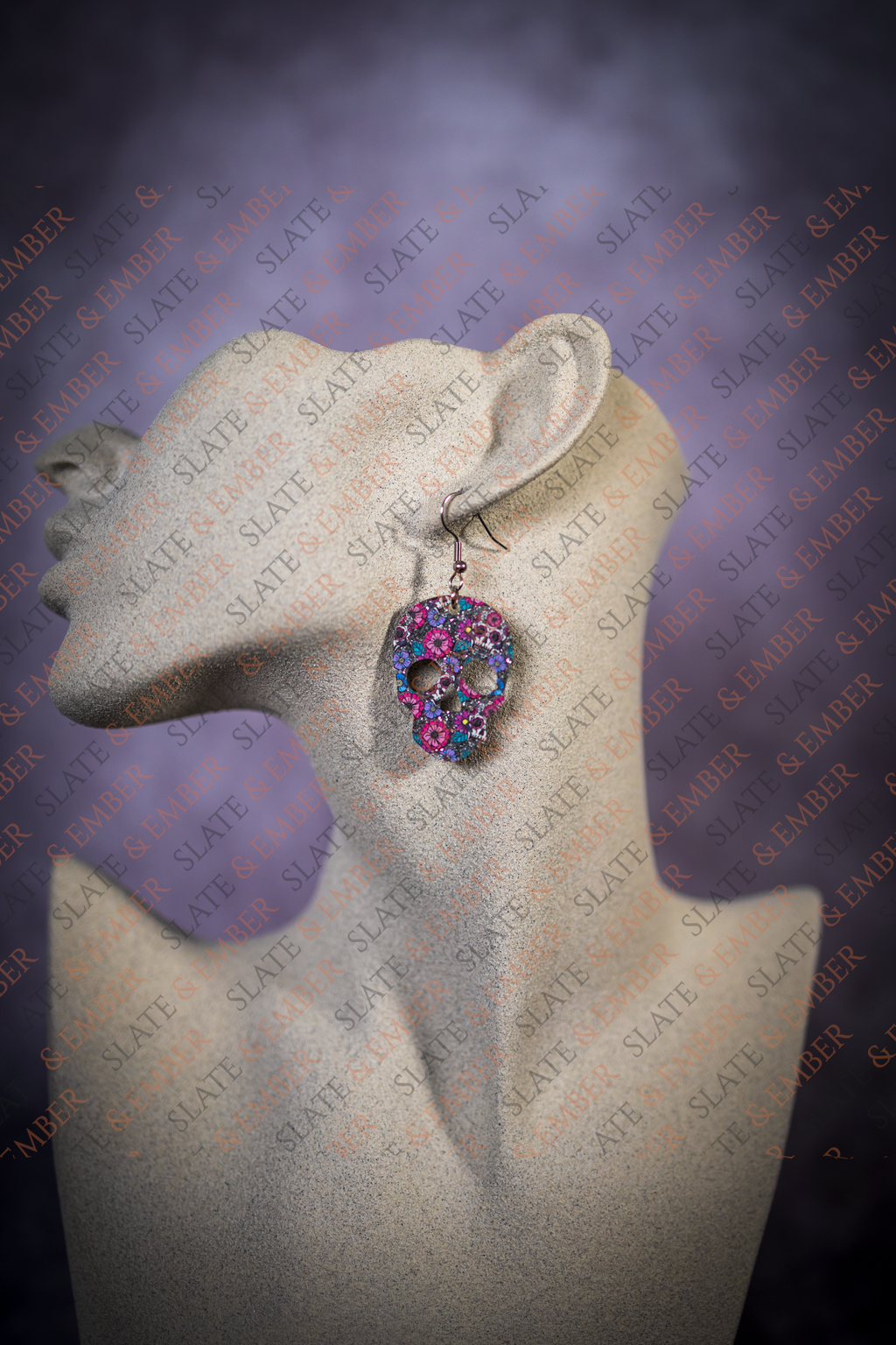 Midnight Glitter Floral Sugar Skull Acrylic Earrings