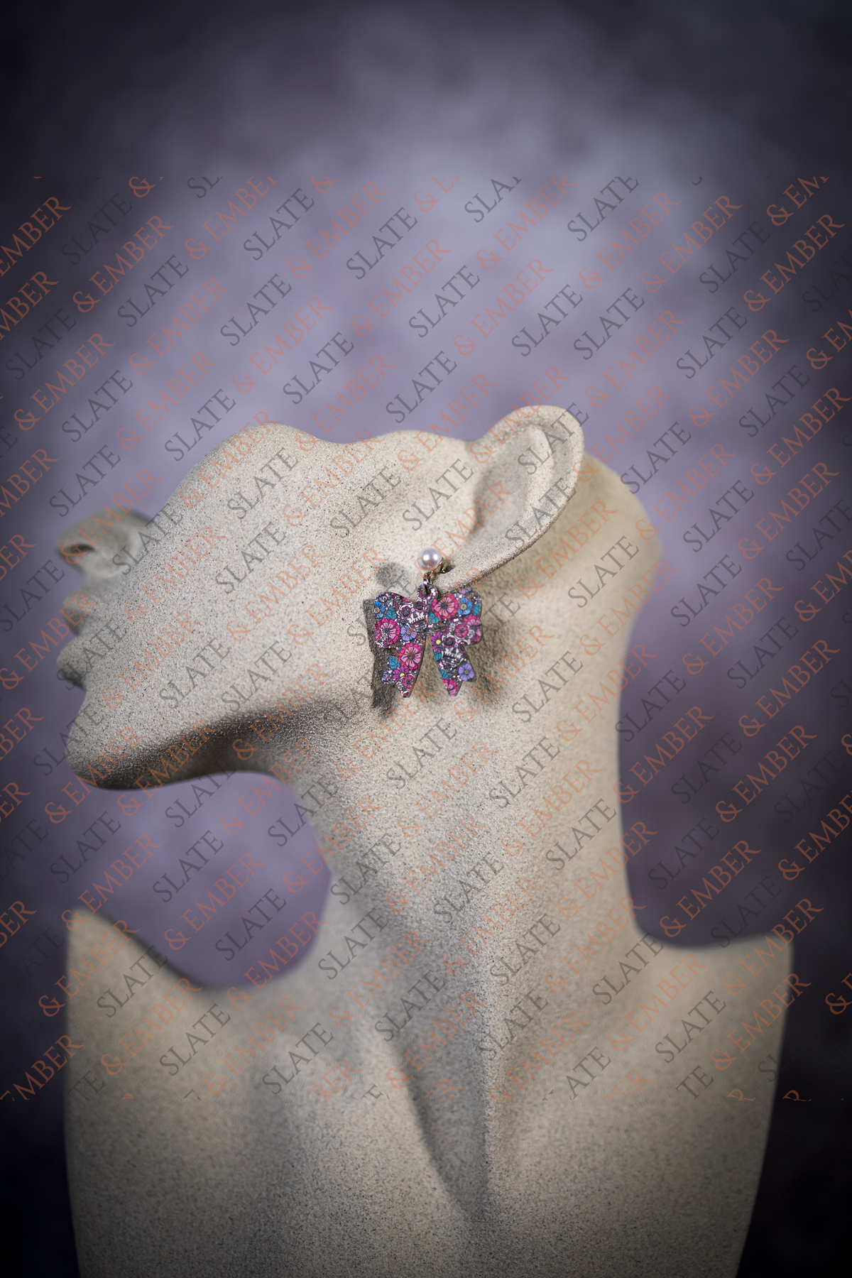 Midnight Bloom Sugar Skull Bow Acrylic Earrings