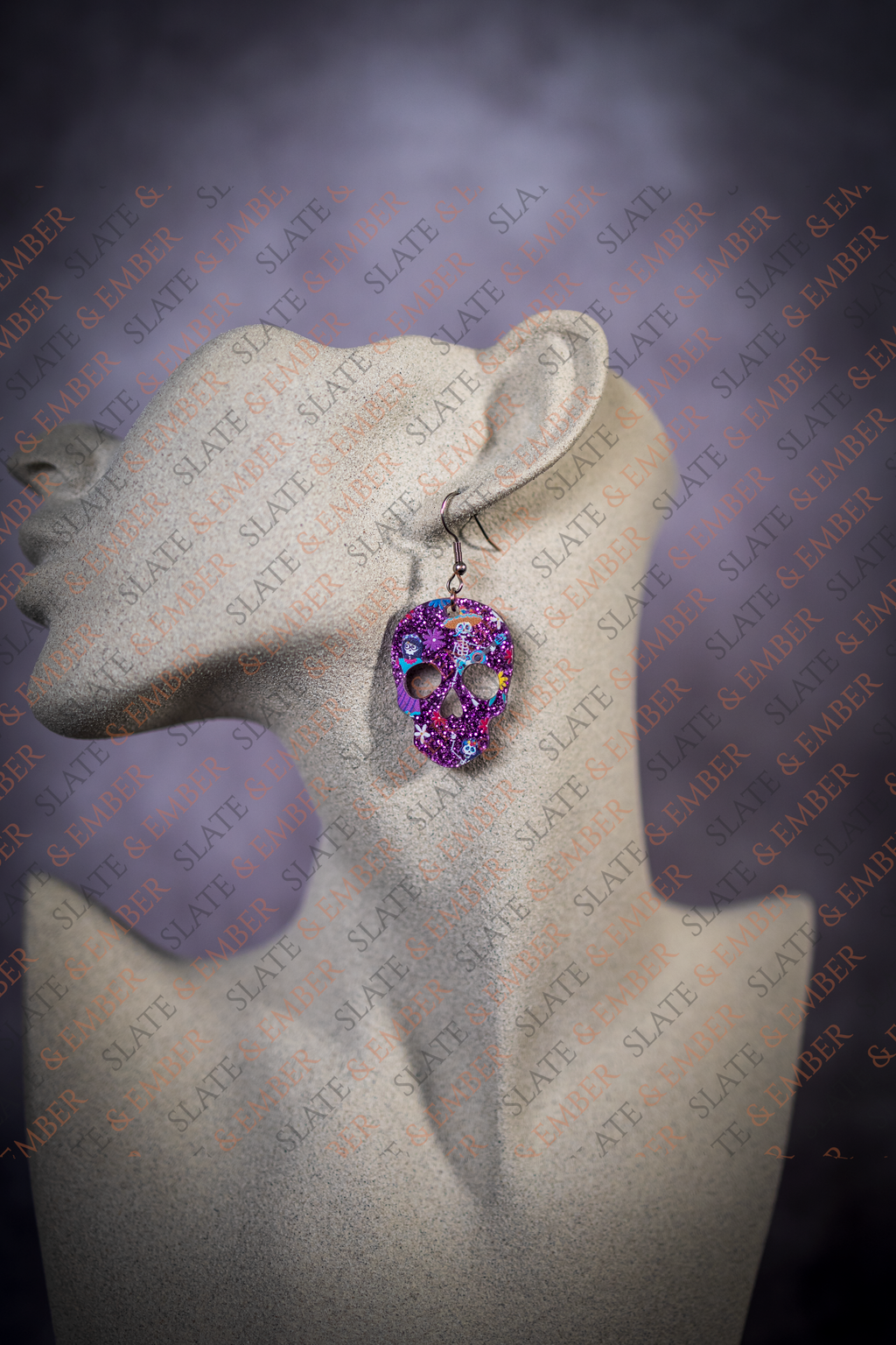 Purple Glitter Fiesta Sugar Skull Acrylic Earrings